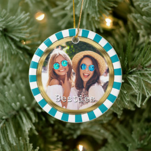 Besties 2 Photo Round with Stripes Ceramic Ornament