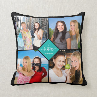 Besties Best Friends 4 Photo Collage Fun Teal Name Throw Pillow