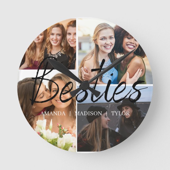 Besties | Best Friends Personalized Names Photo Round Clock (Front)
