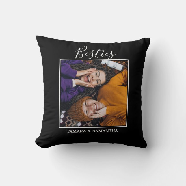 Besties BFF Photo Best Friend Name Black Throw Pillow (Front)
