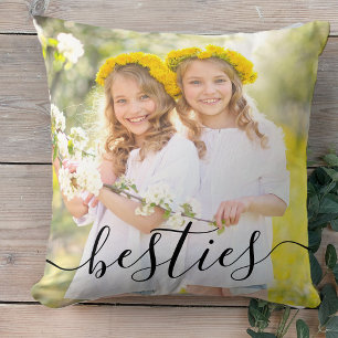 Besties Black Script Overlay 2 Photo Personalized Throw Pillow