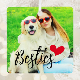 Besties Cute Dog Mom Red Heart Photo Metal Ornament