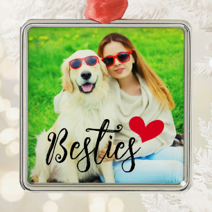 Besties Cute Dog Mom Red Heart Photo Metal Ornament