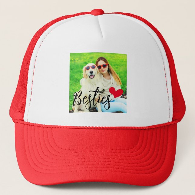 Besties Cute Dog Mom Red Heart Photo Trucker Hat (Front)