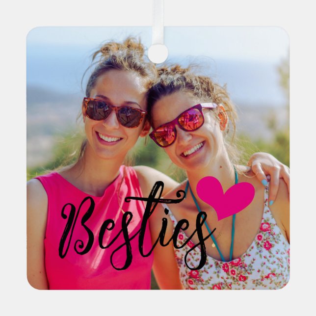 Besties Cute Hot Pink Heart Photo Metal Ornament (Front)