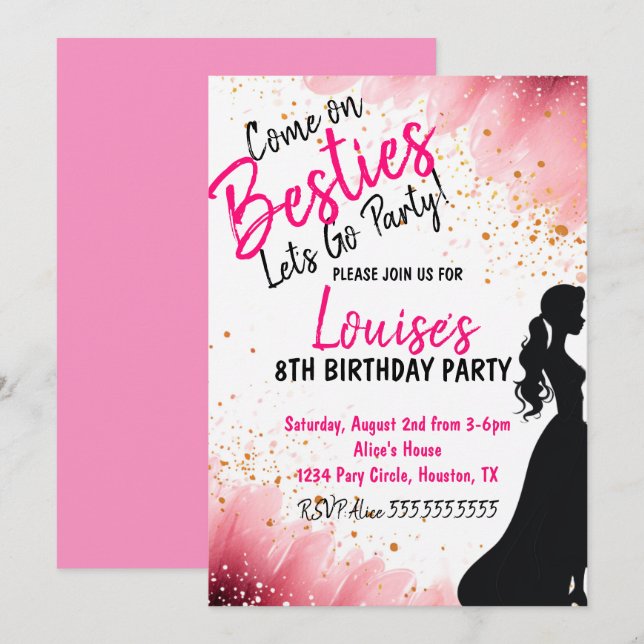 Besties Doll Pink Glitter Party Birthday Invitation (Front/Back)