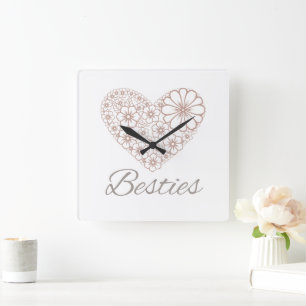 Besties Floral Neutral Heart, Friendship Gift Square Wall Clock
