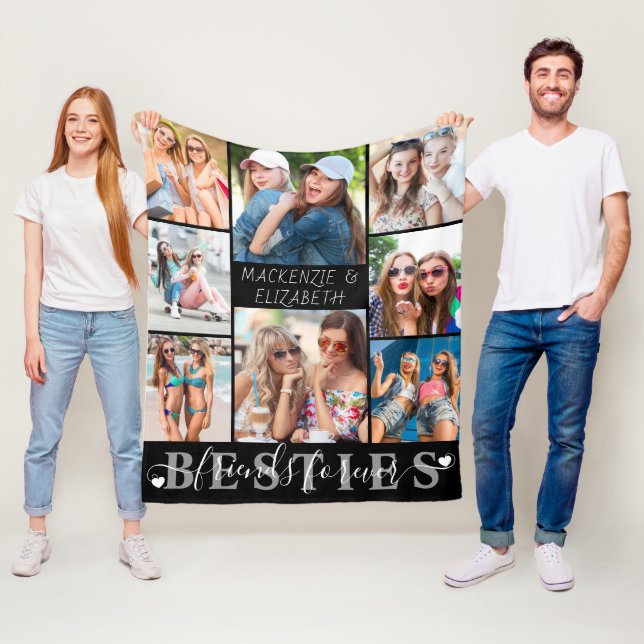 BESTIES Friends Forever Script 8 Photo Black Fleece Blanket (In Situ)