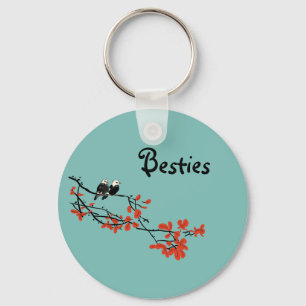 Besties Gift Two Birds Red Leaves Keychain