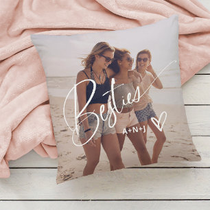 Besties in Trendy Script Two Photos with Heart Throw Pillow