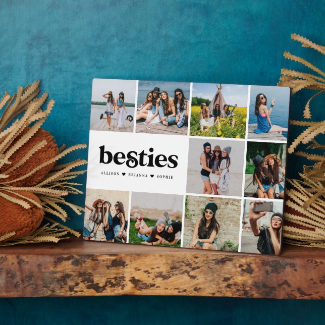 Besties | Modern Square 10 Photos Collage Custom P Plaque (Side)