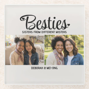 BESTIES Personalized 2 Photo Then Now Best Friends Glass Coaster