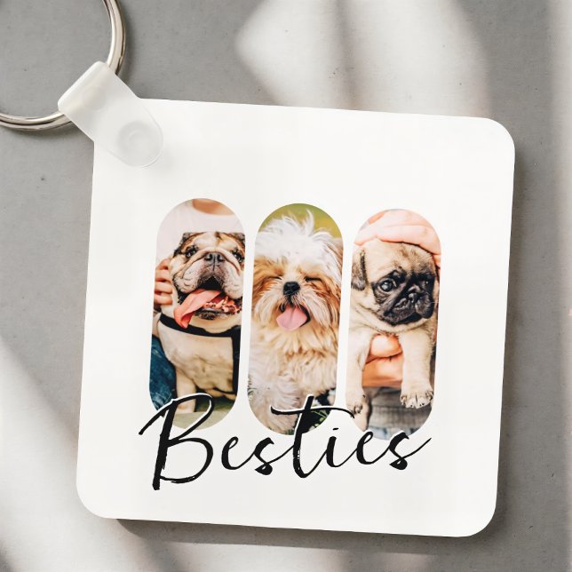 Besties Pet Simple Modern Playful Three Photo Keychain (Creator Uploaded)