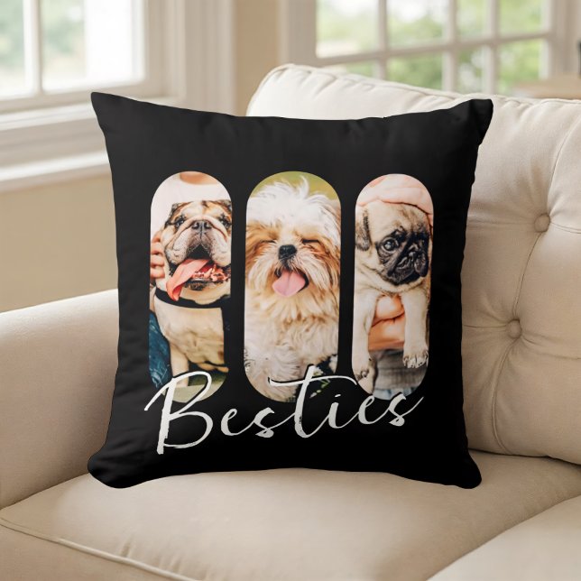 Besties Pet Simple Modern Playful Three Photo Throw Pillow (Creator Uploaded)