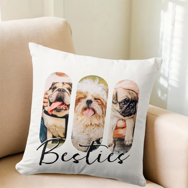 Besties Pet Simple Modern Playful Three Photo Throw Pillow (Creator Uploaded)