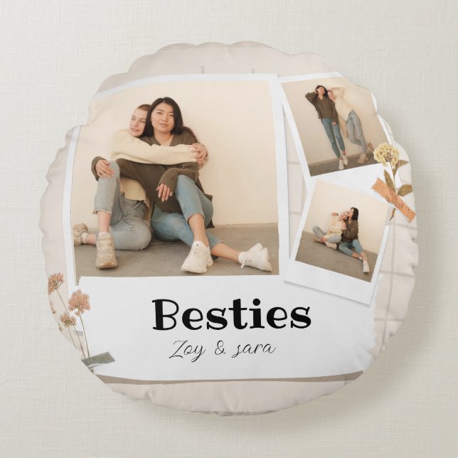 BESTIES, Photo Collage & Names | BFF  Round Pillow (Front)