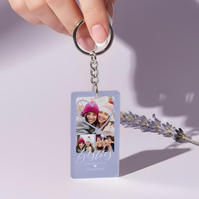 Besties Script BFFs Heart 3 Photo Grid Collage Keychain (Besties Script BFFs Heart 3 Photo Grid Collage Keychain)