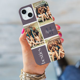 Besties Three Photo Monogram Purple Grid iPhone 15 Plus Case