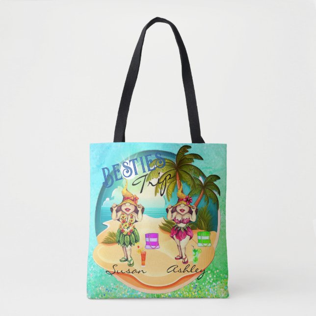 Besties trip summer beach blue personalized tote bag (Front)