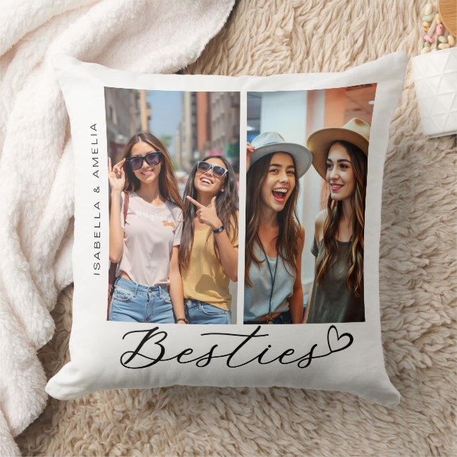 Besties Two Photos Calligraphy  Script Heart BFF Throw Pillow (Blanket)