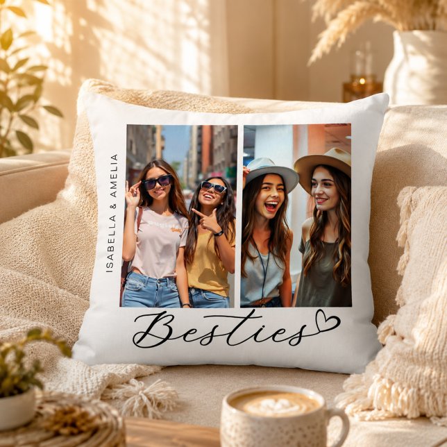 Besties Two Photos Calligraphy  Script Heart BFF Throw Pillow (Creator Uploaded)