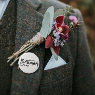 Bestman Black Brush Script Bow Tie Wedding Party 2 Inch Round Button