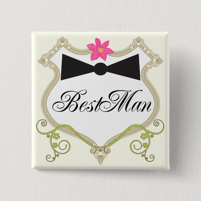 BestMan BowTie Wedding Badges 2 Inch Square Button (Front)