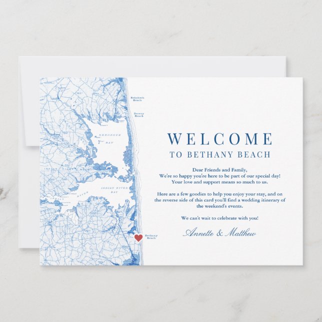 Bethany Beach Blue Wedding Welcome Itinerary Thank You Card (Front)
