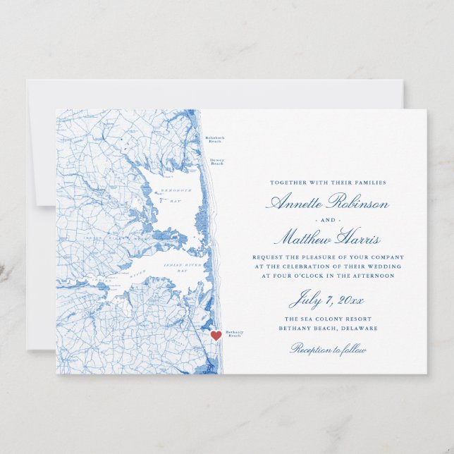 Bethany Beach DE Map Elegant Navy Blue Wedding Invitation (Front)