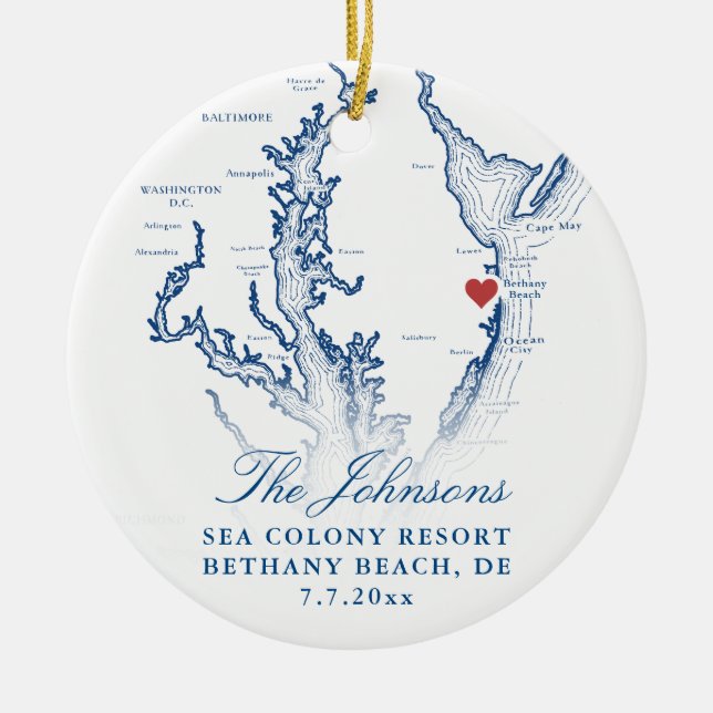 Bethany Beach DE Map Navy Wedding Photo Christmas Ceramic Ornament (Front)