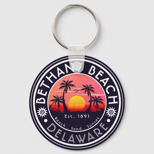 Bethany beach Delaware Sunset Beach Palm Tree 80s Keychain (Front)