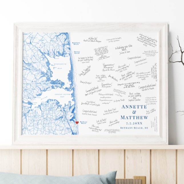 Bethany Beach Wedding Elegant Guest Book Poster (Bethany Beach Map Poster Alternative Wedding Guest book in elegant navy blue by Coastal Map Designs)