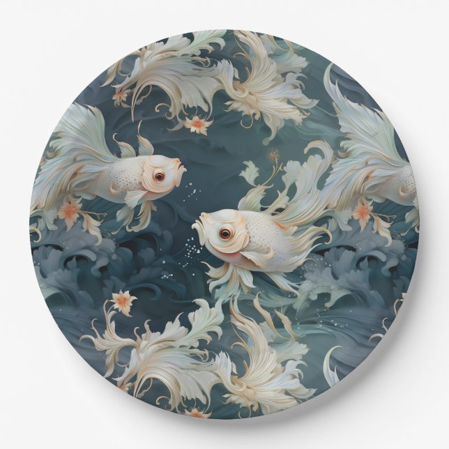 Betta Fish Blue White Paper Plate (Front)