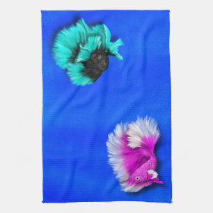 Betta Fish Duo, black & teal, white & pink Kitchen Towel
