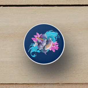 Betta Siamese Fighting Fish Lotus Waves Blue Ceramic Knob