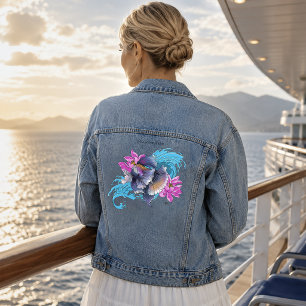 Betta Siamese Fighting Fish Lotus Waves Blue Denim Jacket