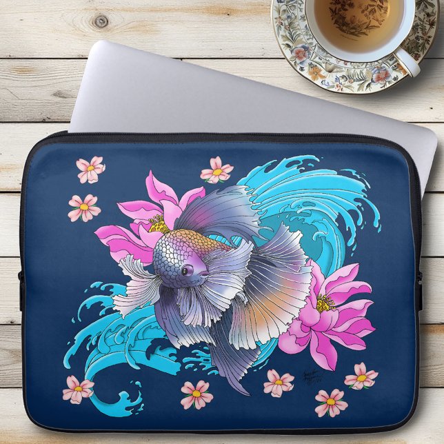  Betta Siamese Fighting Fish Lotus Waves Blue Laptop Sleeve (Creator Uploaded)