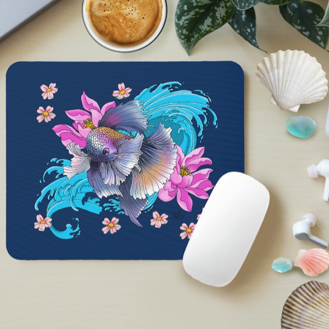  Betta Siamese Fighting Fish Lotus Waves Blue Mouse Pad (Creator Uploaded)