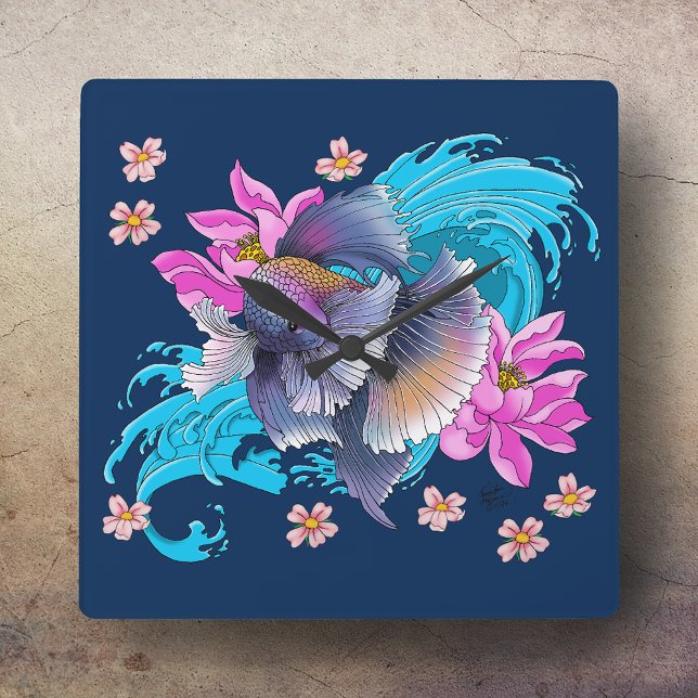  Betta Siamese Fighting Fish Lotus Waves Blue Square Wall Clock (Creator Uploaded)