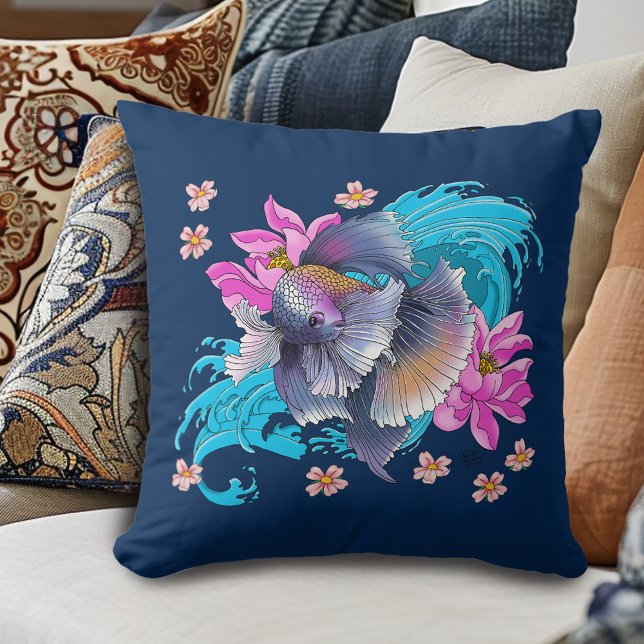 Betta Siamese Fighting Fish Lotus Waves Blue Throw Pillow (Creator Uploaded)