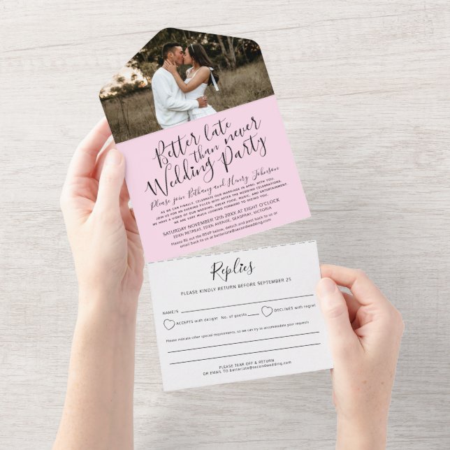 Better late wedding party RSVP photo black pink All In One Invitation (Tearaway)
