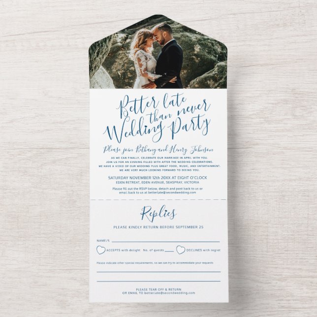 Better late wedding party RSVP photo blue white All In One Invitation (Inside)