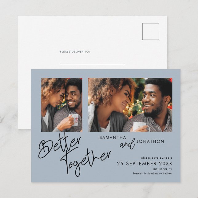 Better Together 2 Photo Dusty Blue Save The Date Announcement Postcard (Front/Back)