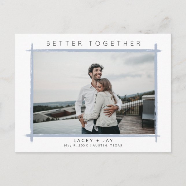 Better Together Blue Border Photo Save the Dates Announcement Postcard (Front)