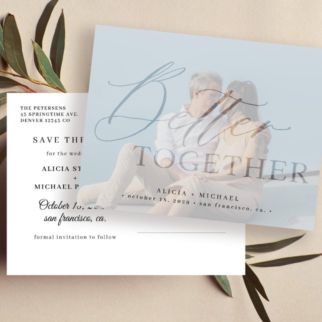 Better together modern script photo wedding  announcement postcard (Creator Uploaded)
