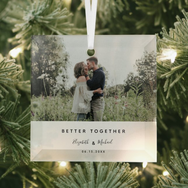 Better Together Photo Modern Elegant Simple Script Glass Ornament (Insitu)