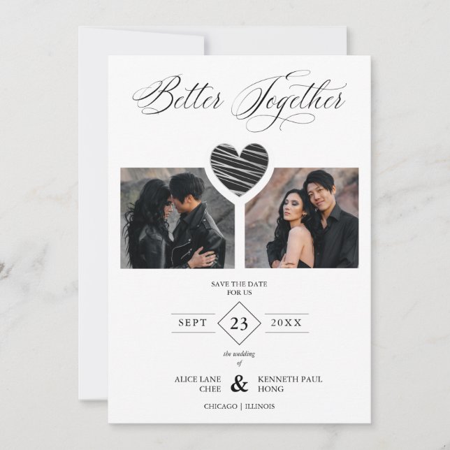 Better Together Quote Black Grey Heart 2 Photos Save The Date (Front)