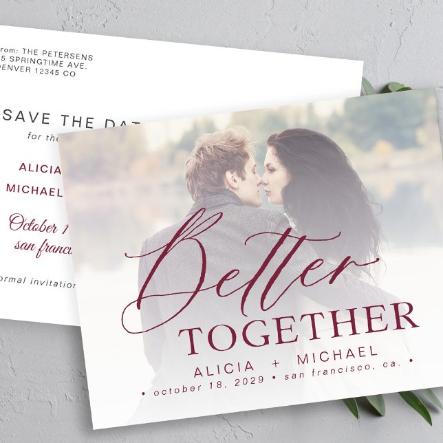 Better together script wedding photo save the date announcement postcard (Creator Uploaded)