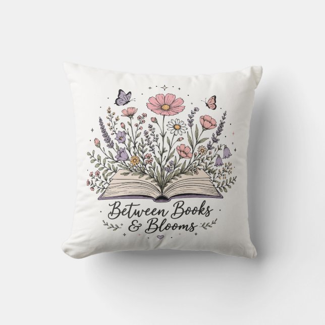 Between books and blooms book lover reader throw pillow (Front)