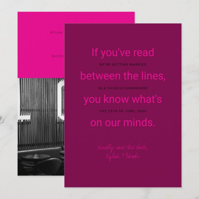 Between the Lines Typography Save the Date card (Front/Back)